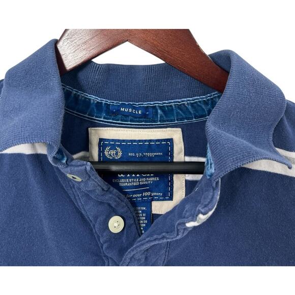 Abercrombie Fitch Polo Shirt Mens XXL 2XL Rugby Muscle Blue White Stripe Moose - Picture 2 of 8